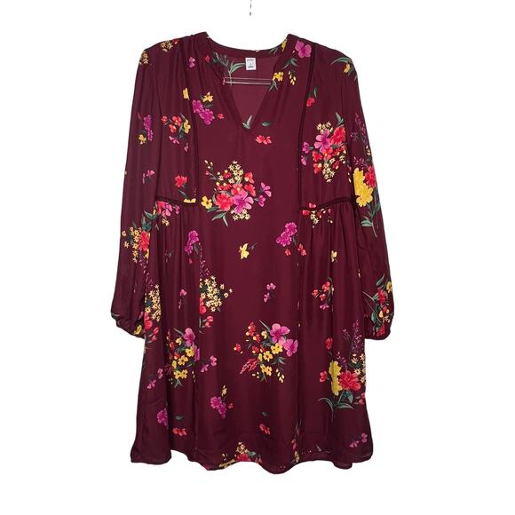 OLD NAVY Floral-Print Georgette Swing Dress Long Sleeve V-Neck Red Multi Size S - Picture 1 of 7